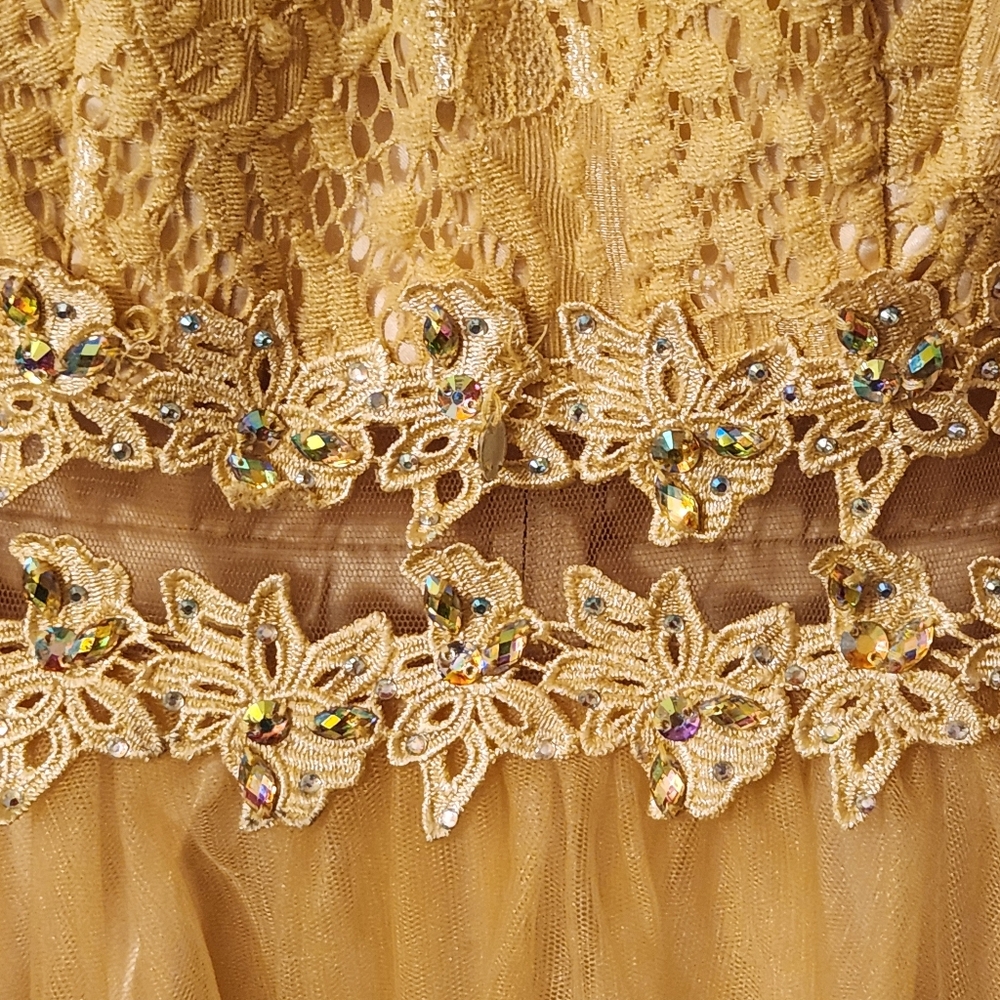 Formal dress color light gold with lace top/ designer Cindy USA, size XS - Picture 7 of 16